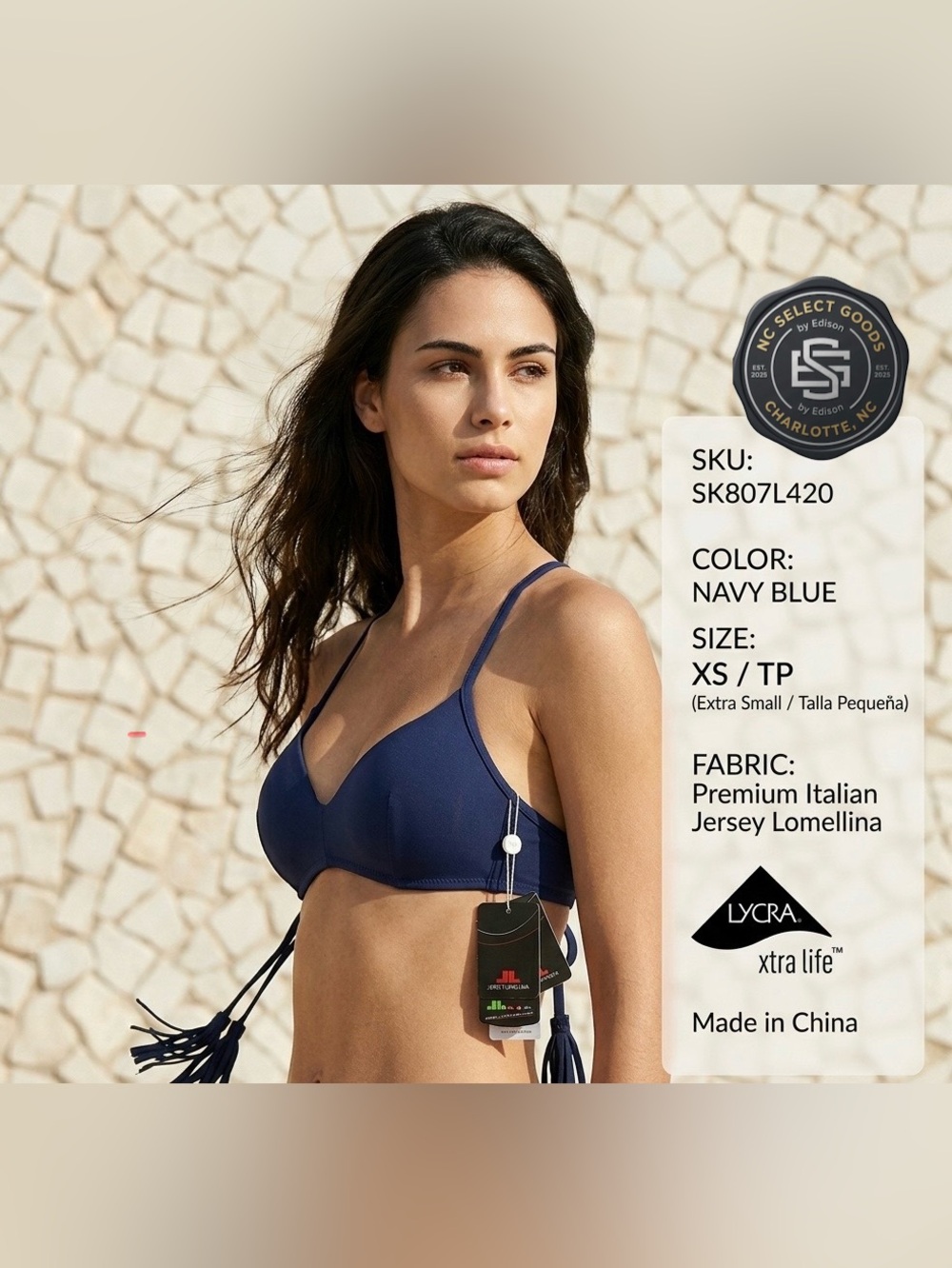 SKIN Bikini Top XS Navy Blue SK807L420 NWT Jersey Lomellina Lycra UV Protection